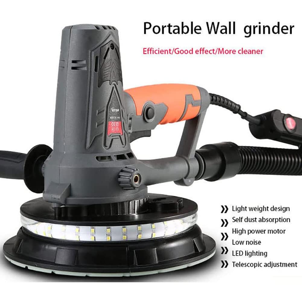 Pulidora de paredes, lijadora de paneles de yeso de 1390 W con iluminación LED, lijadora de placas de yeso con velocidad ajustable, pulidora de paredes eléctrica con bolsa de vacío y tubo colector d