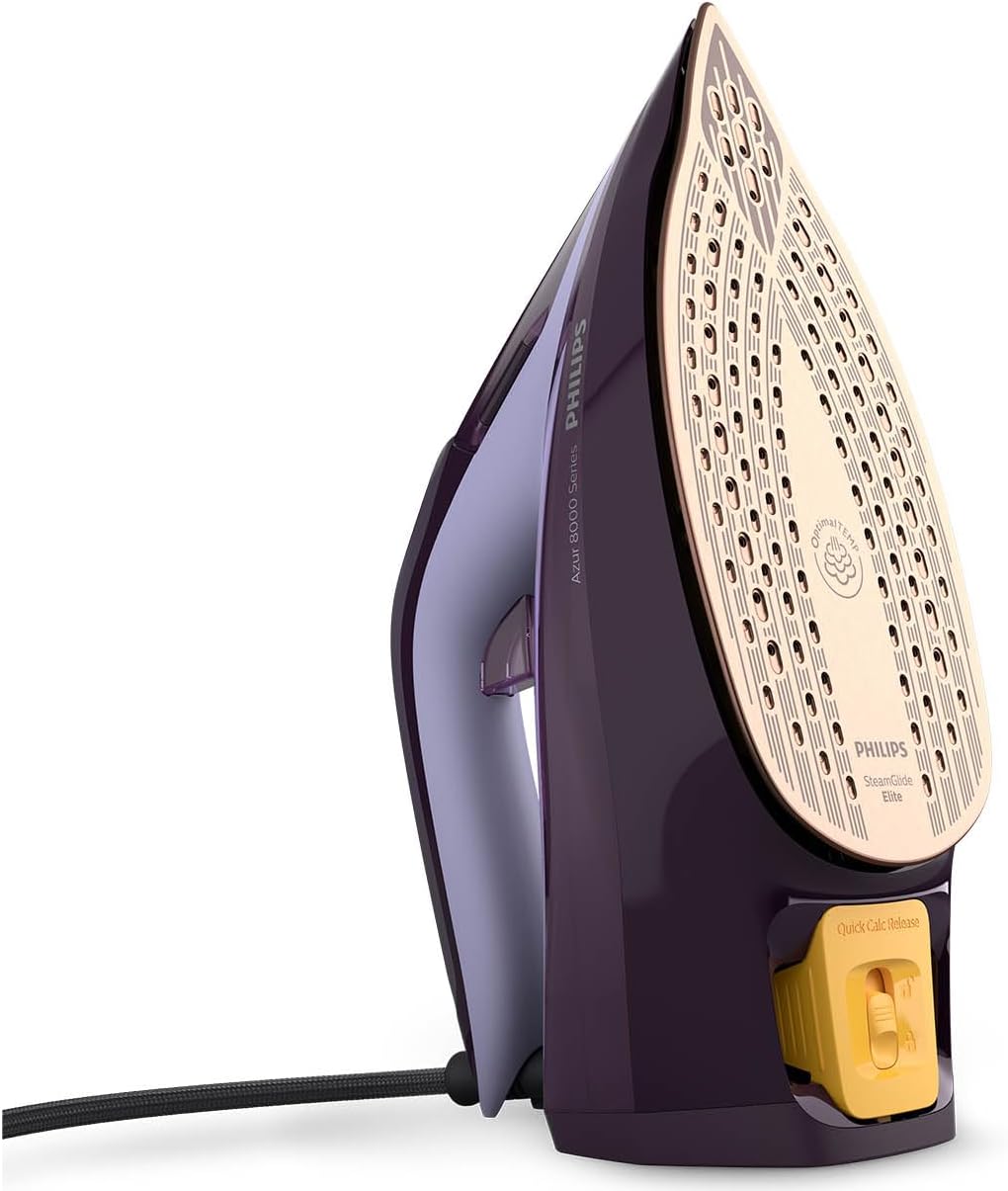 Underside view of the Philips Azur 8000 Series Steam Iron, showing the SteamGlide Elite soleplate and the yellow Quick Calc Release collector