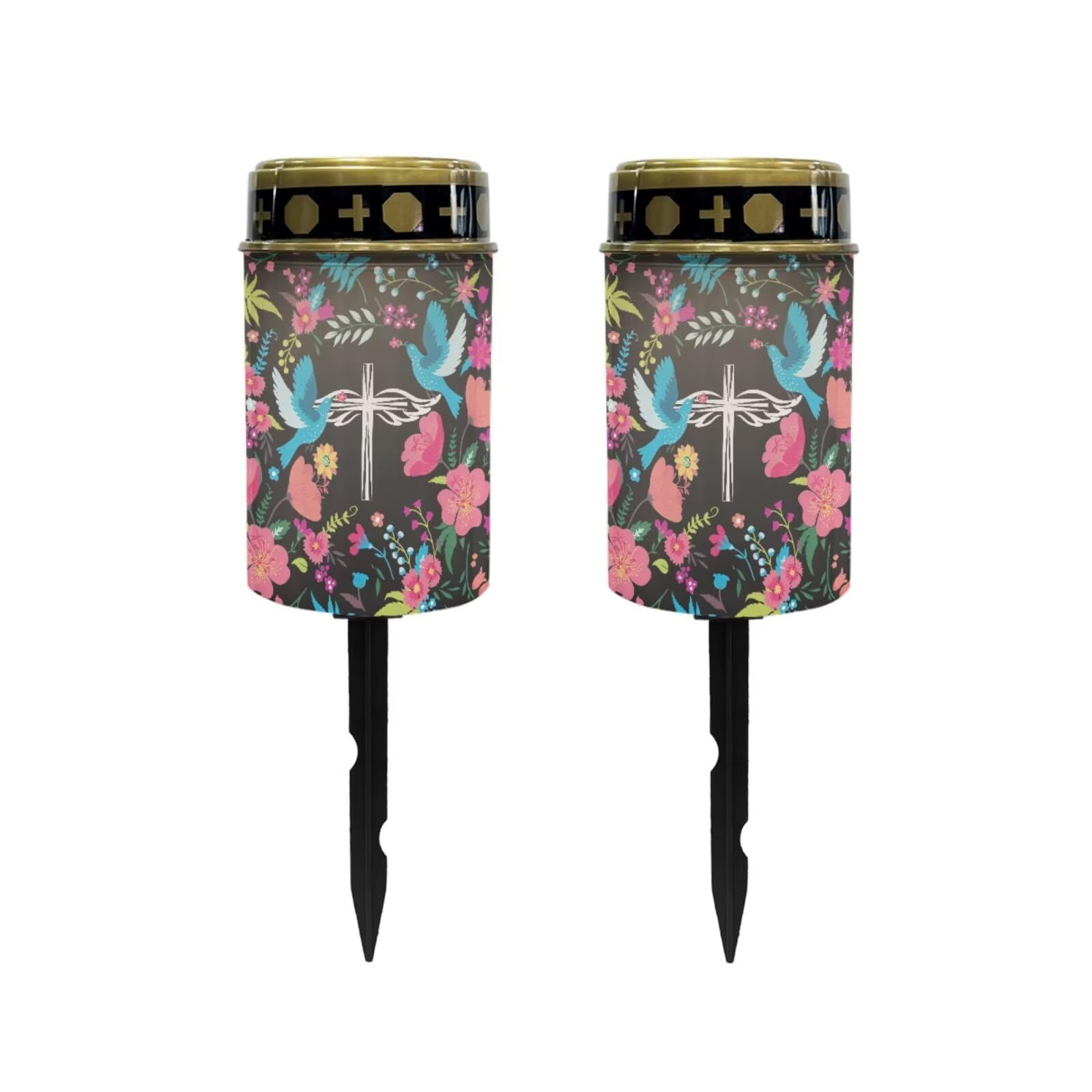 Poceacles Cross Solar Candle Pack of 2 Cemetery Solar Lights for Grave LED Garden Lights Solar Powered Outdoor Waterproof with Dusk to Dawn Sensor, Dove of Peace Cross Floral