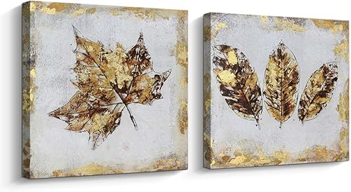 Pinetree Art Juego de arte de pared en lienzo con hojas de arce doradas para sala de estar, pintadas a mano, pintura artística de hojas caídas para