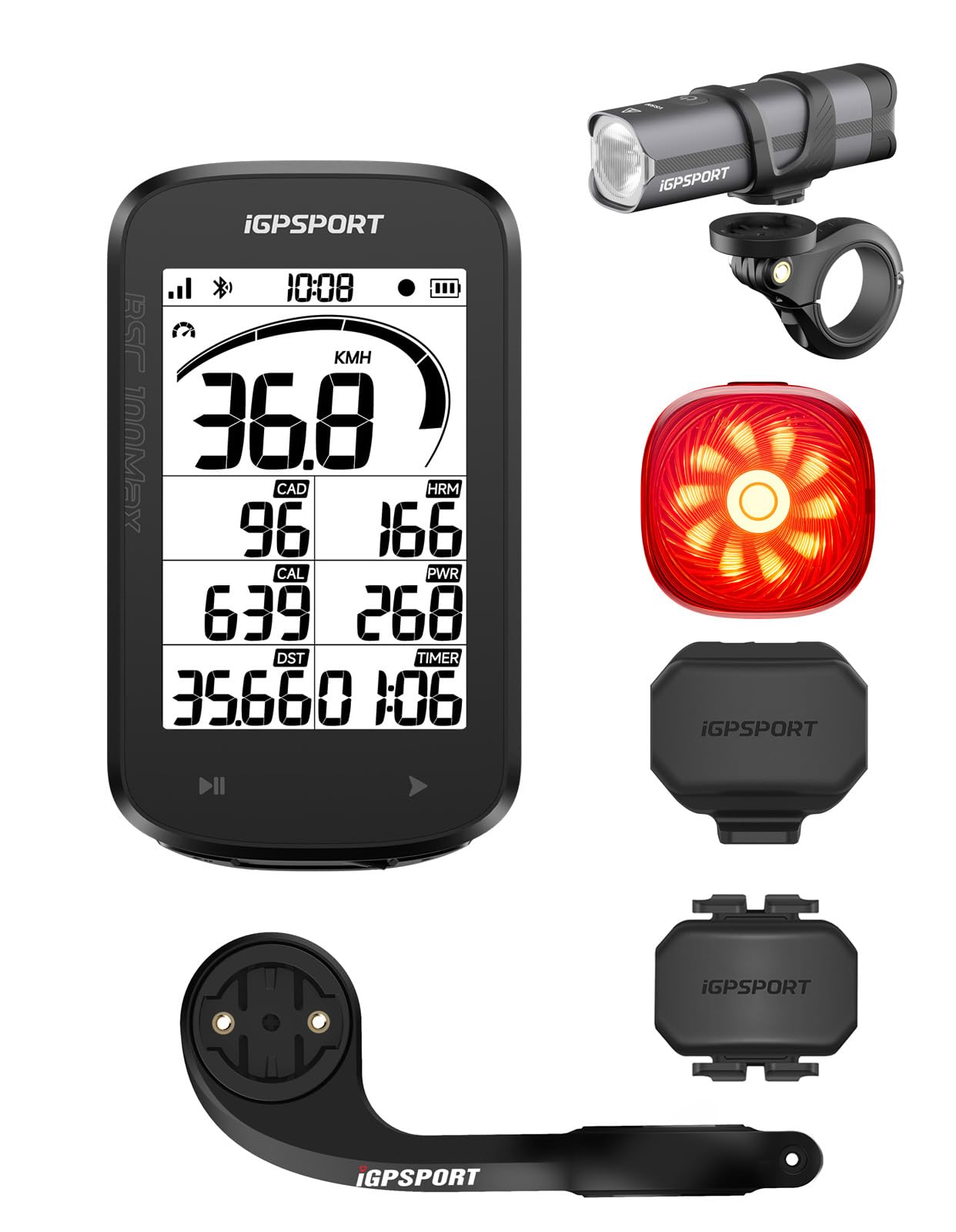 iGPSPORT BSC100MAX Compteur Velo sans Fil et 500 Lumens Lumiere Velo Intelligente et TL50 Feu Arriere Velo et CAD70 Capteur de Cadence+SPD70 Capteur de Vitesse et M80 Support de Vélo