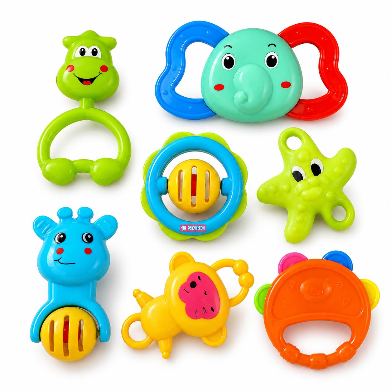 Storio Baby Products Toys 7 Pcs Rattle Set with Teathers for Newborn Baby Gifts, Toy for Babies, Non-Toxic, Acrylonitrile Butadiene Styrene, Multicolor-picture-25