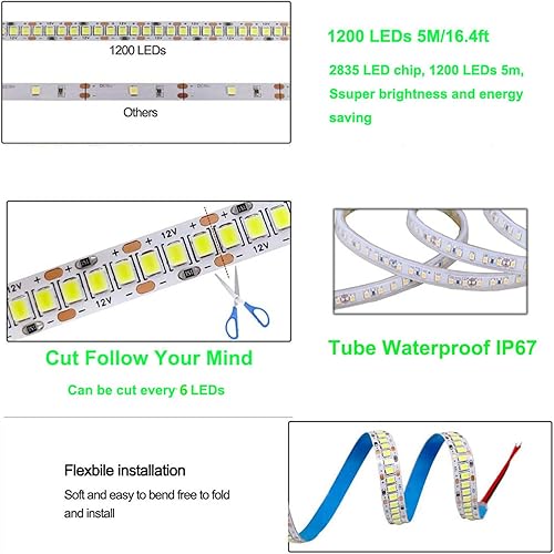 Miniatura 9 de SUYOOULIN Tira de luces LED, DC24V 1200LEDs 16.4 pies SMD 2835 tira LED, 26000LM tiras de luz LED de alta densidad no impermeables IP21, 3 veces