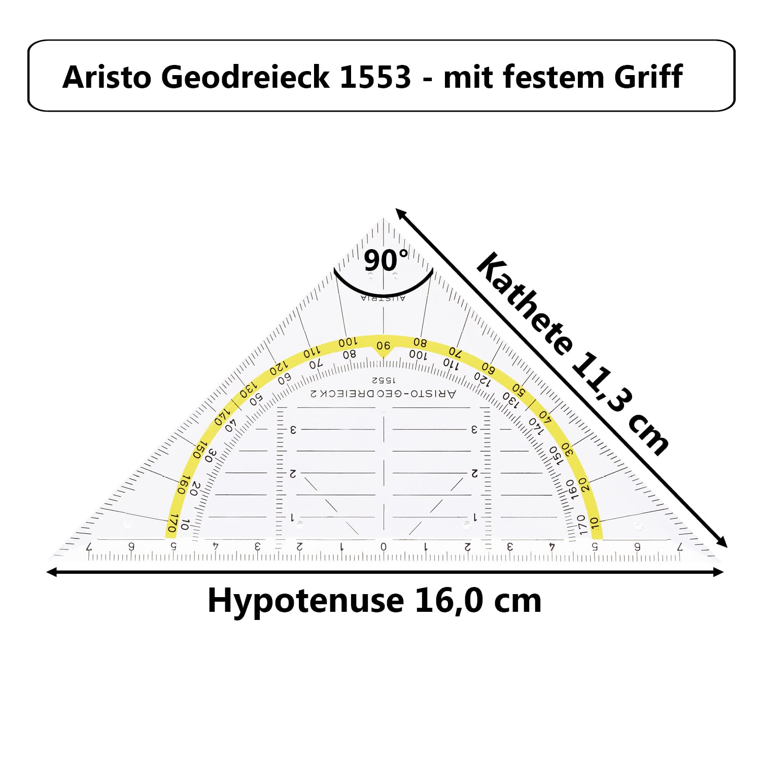 Aristo AR1553 Geodreieck mit festem Griff (Hypotenuse 16 cm, Tuschenoppen, Facette an der Hypotenuse, Plexiglas mit Tiefenprägung, Made in Austria) transparent, 10 Stück