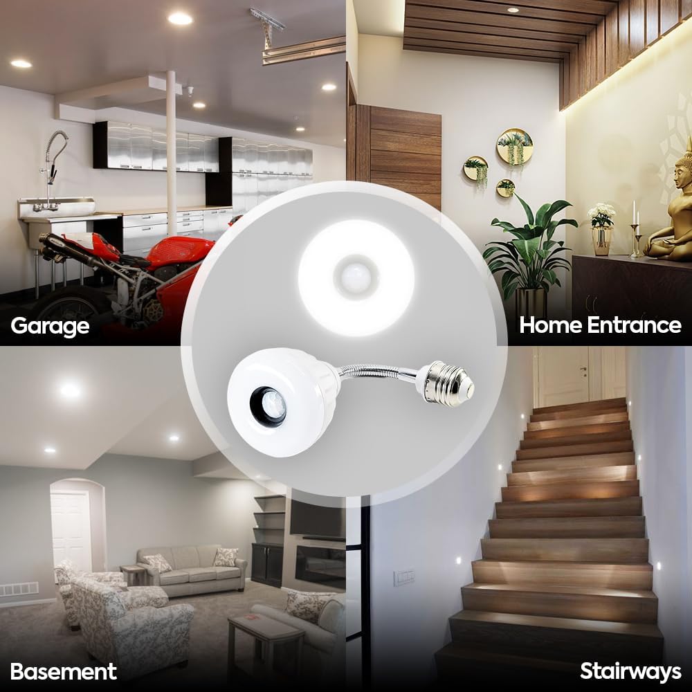 LED Motion Sensor and Light Sensor Flexible Directional Automatic Lamp with E26 Bulb Socket Night Light PIR Dusk to Dawn 5W 6500K for Bedroom Garage Basement Stairway Warehouse