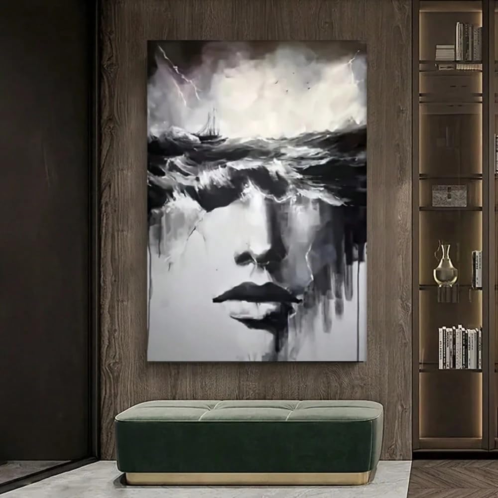 SPXLUCAU Black White Abstract Stormy Sea & Face Canvas Wall Art, Modern Dramatic Ocean Waves Painting, for Living Room(40x50cm/No frame)