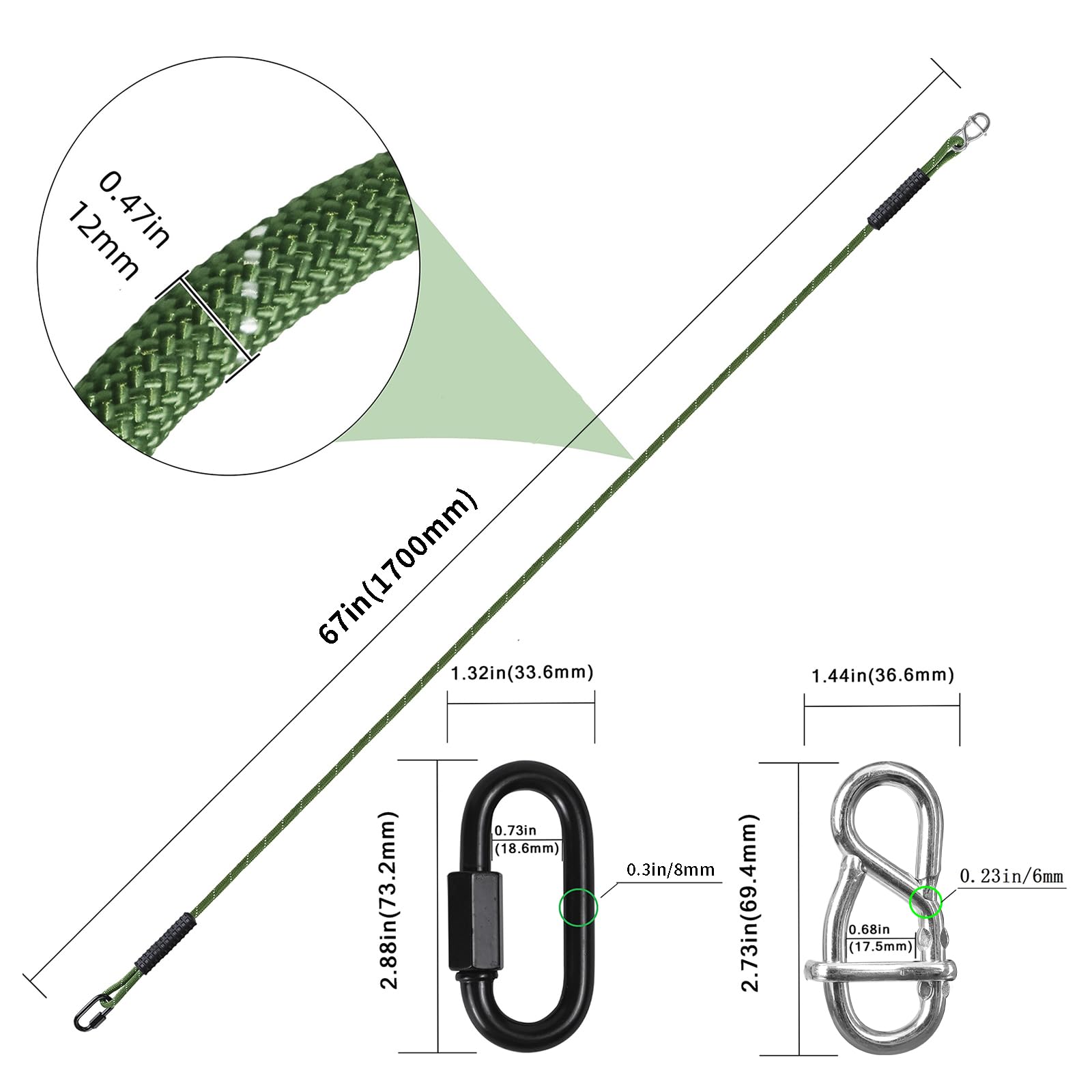 Liny do huśtawek drzewnych, wytrzymałe, regulowane, wysuwane paski do zawieszenia na zewnątrz, huśtawki, hamak, zestaw akcesoriów, 170 cm, 2 szt., zielone