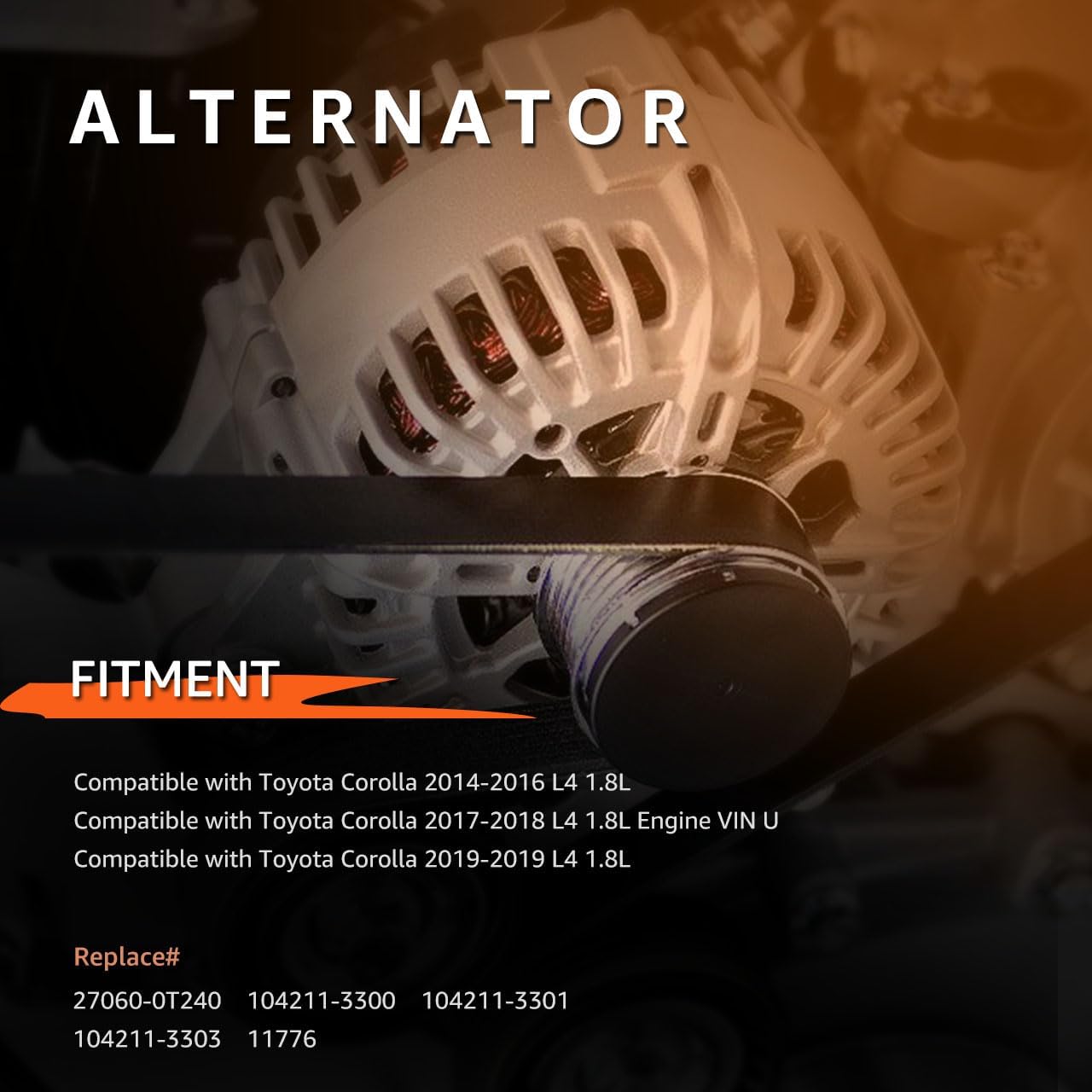 Alternator Compatible with Toyota Corolla Sedan 2014-2019 L4 1.8L - 125Amp 12V CW 6 Groove Pulley Replace# 27060-0T240 11776 104211-3300