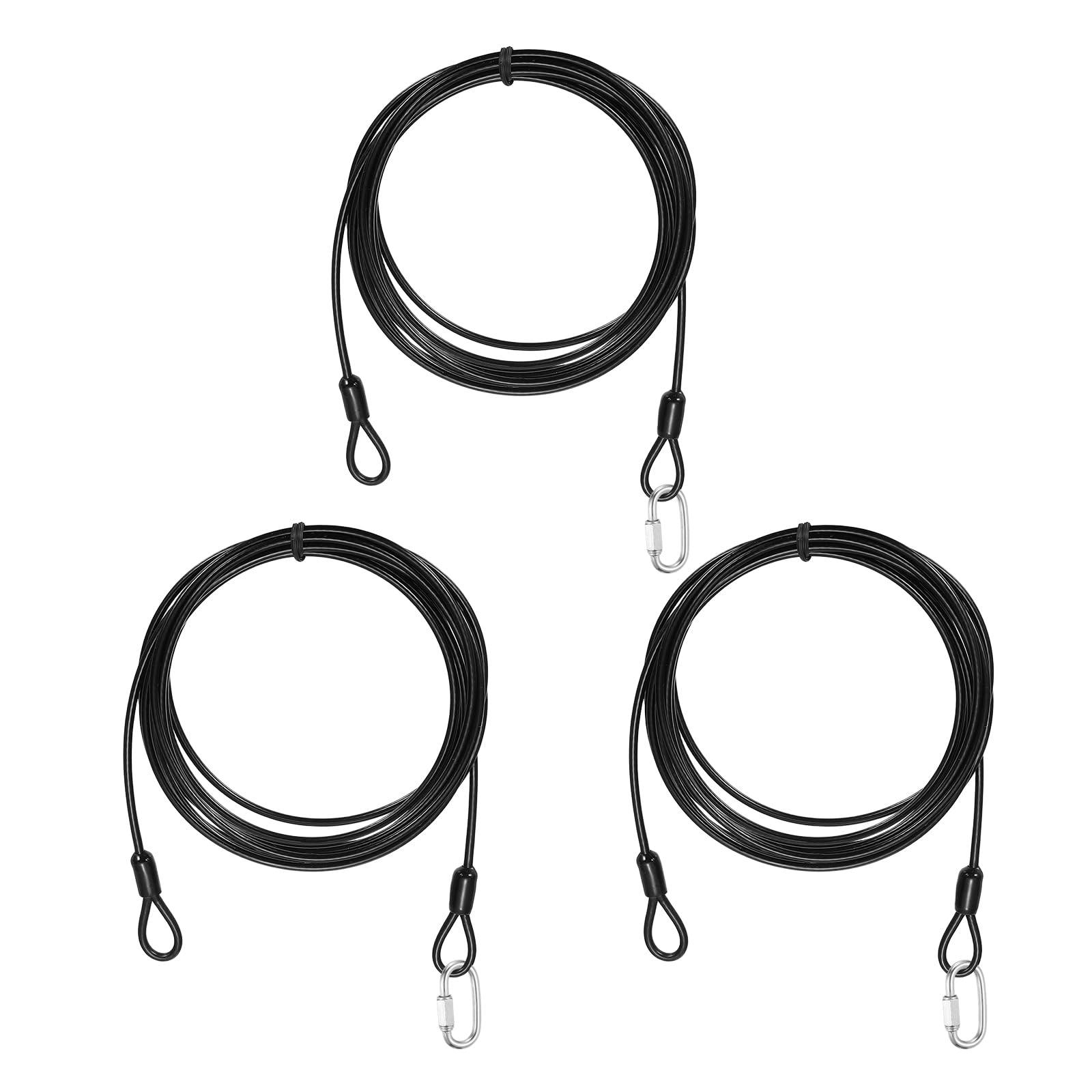 PATIKIL Security Cable Lock (3mm x 3 Meters, 9.8ft, Black)(3 Set) Vinyl Coated 304 Stainless Steel Double Loop Flexible Wire Rope Safety Cable with Quick Links Locking Connectors