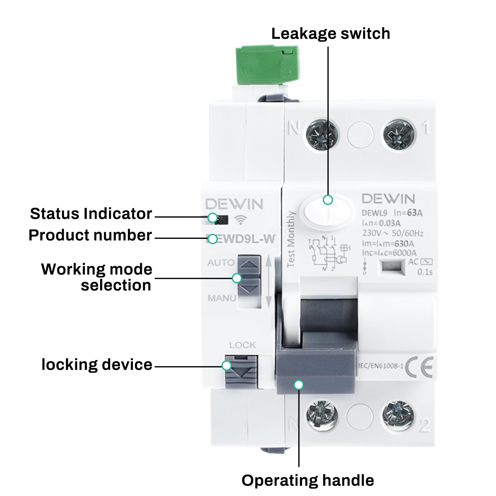DEWIN Interruttore Magnetotermico Differenziale WiFi 63A 30mA 2P AC220V Salvavita MCB/RCCB,Il reset e la disconnessione possono essere controllati dall'applicazione.Oppure reimpostare manualmente.