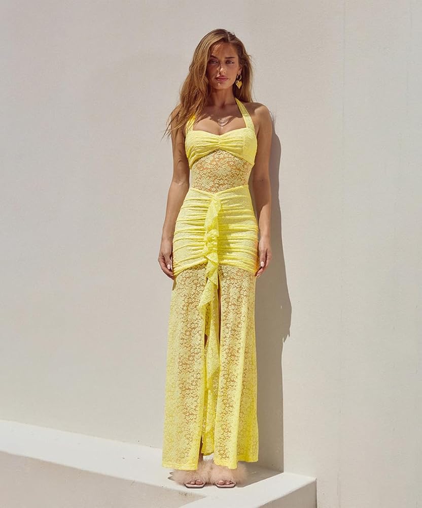 Amazon.com: ABINGOO Womens Sexy Halter Backless Maxi Dress Lace Ruched High  Slit Summer Dresses Party Cocktail Prom Long Dress(Yellow,S) : Clothing,  Shoes & Jewelry