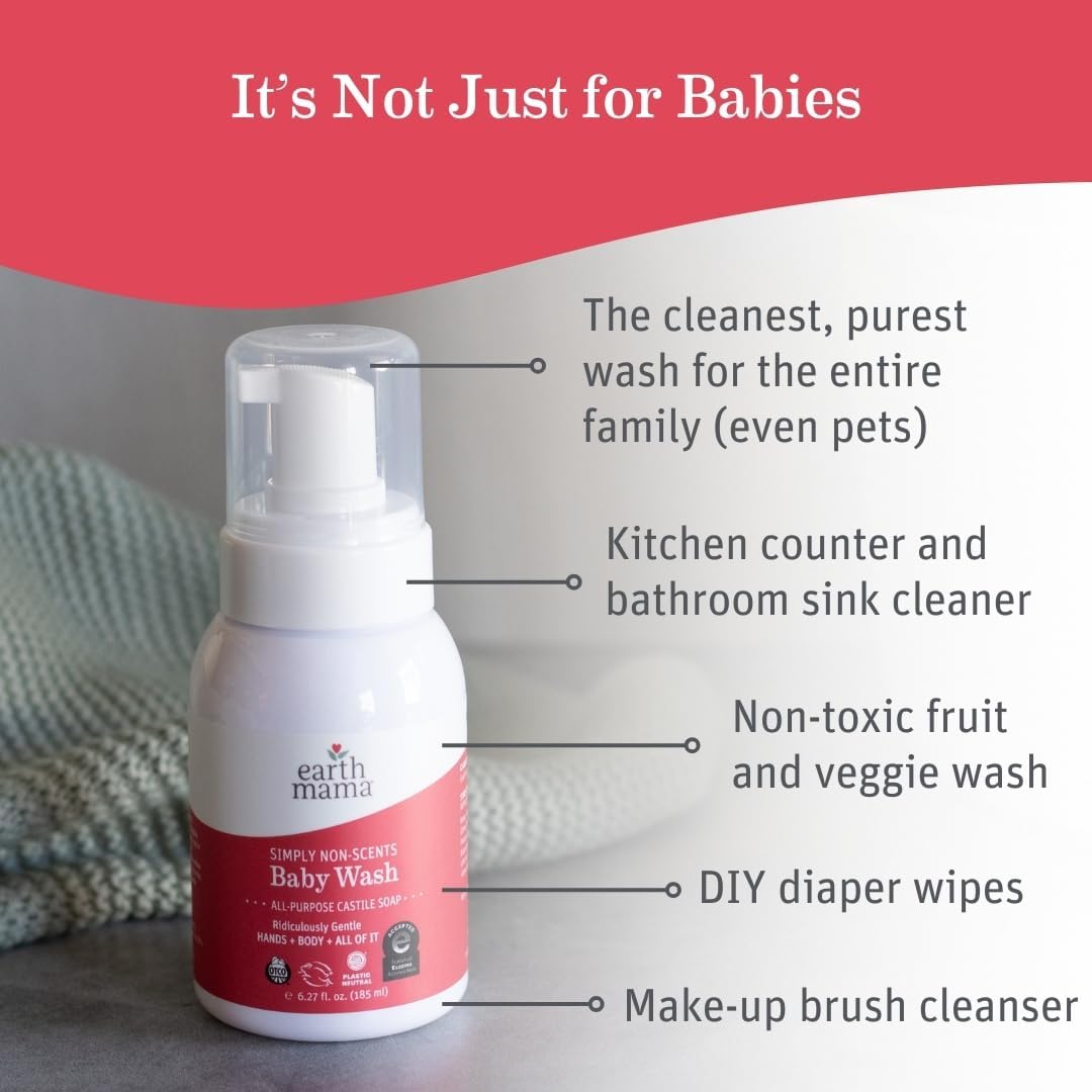 Earth Mama Non-Scents Baby Wash Liquid Hand Soap Refill, Organic Body Wash for Sensitive Skin, All Purpose Castile Soap Liquid with Coconut Oil, Shea Butter, Calendula & Aloe, 5.3 fl oz & Liter