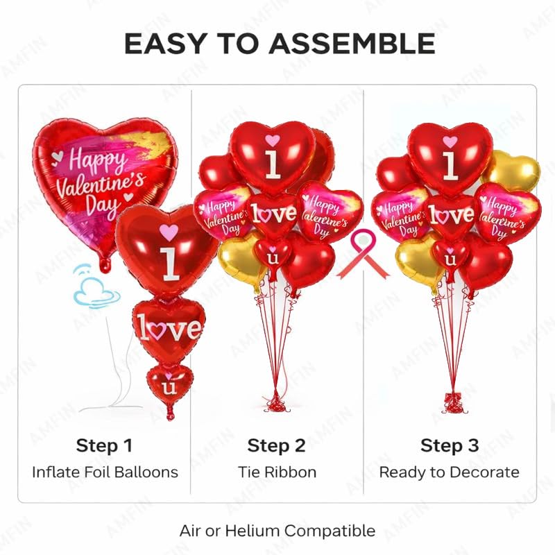 Image of AMFIN (Pack of 7) Happy Valentine's Day Foil Balloon Bouquet I Love you Heart Romantic Decoration Item - Red Gold