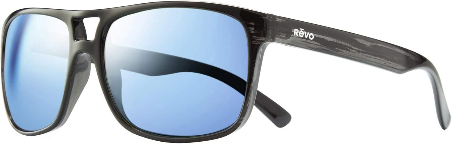Revo Holsby: Polarized Lens Filters Uv, Lifestyle Large Square Frame Wayfarer Sunglasses Black Woodgrain Frame With Blue Water Lens 58 Millimeters