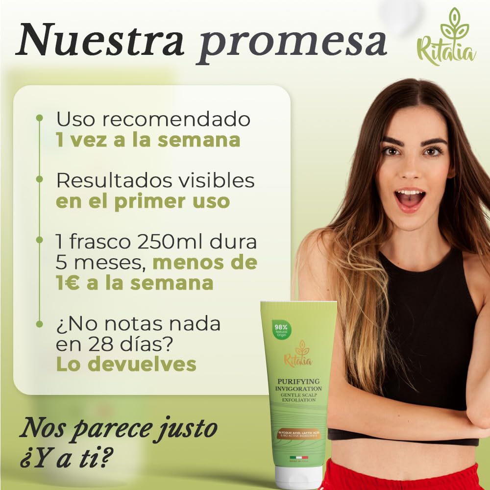 Ritalia® EXFOLIANTE CAPILAR Grande 250ml BIO sin sulfatos ni parabenos, Exfoliante cuero cabelludo SCALP SCRUB cabello graso o seco Micro peeling capilar desintoxica purifica y reequilibra