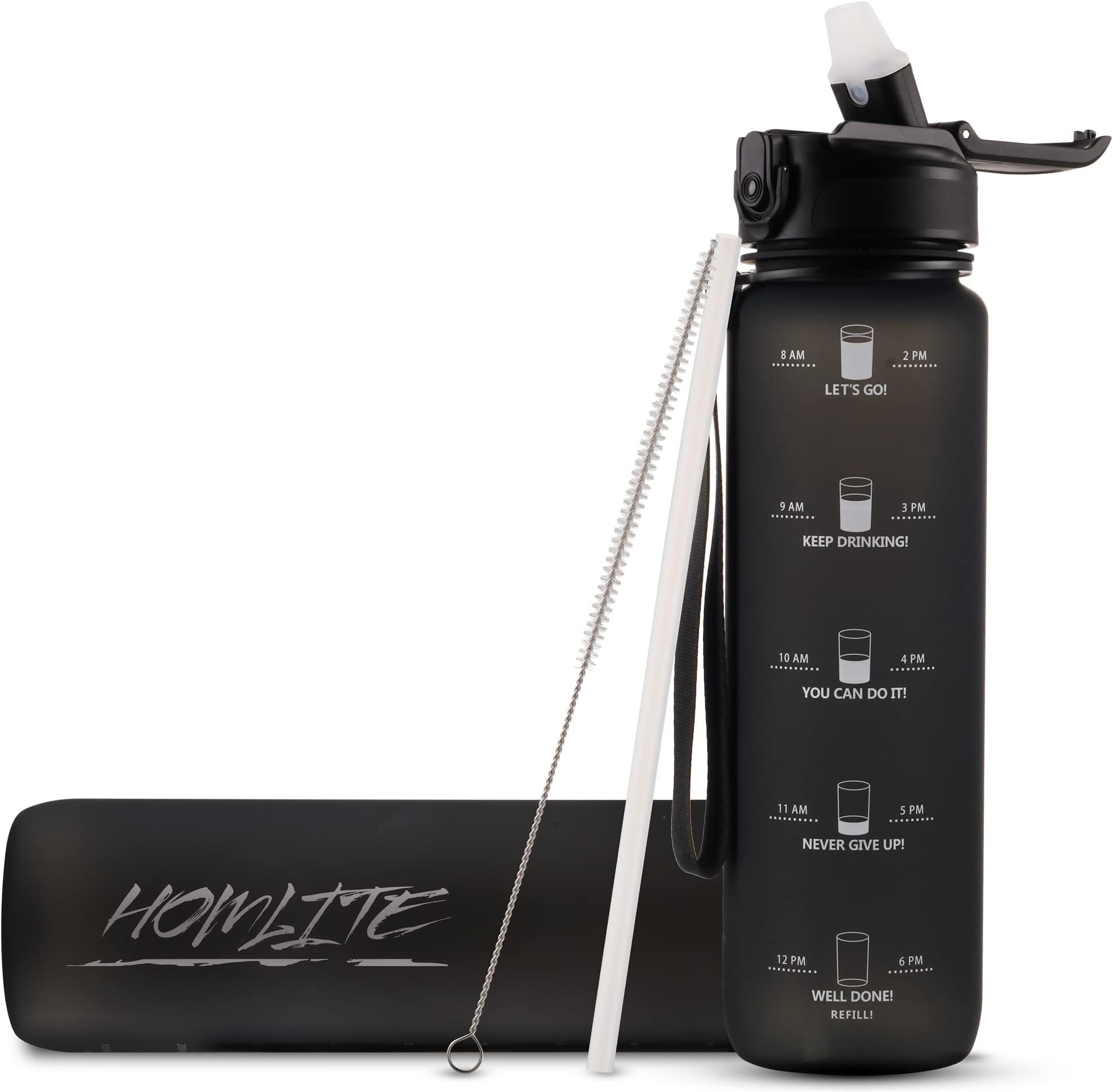 HOMLITE ® Motivational Sports Water Bottle 1L with Time Markings & Straw Cleaner- One-Click Open, Dust-Resistant, BPA-Free, Leak-Proof, for Gym, Cycling, School & Work (black)