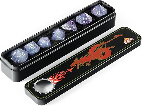 DND - Juego de dados de borde afilado, 7 dados D&D hechos a mano con estuche de regalo para juego de mazmorras y dragón (remolino morado, blanco)