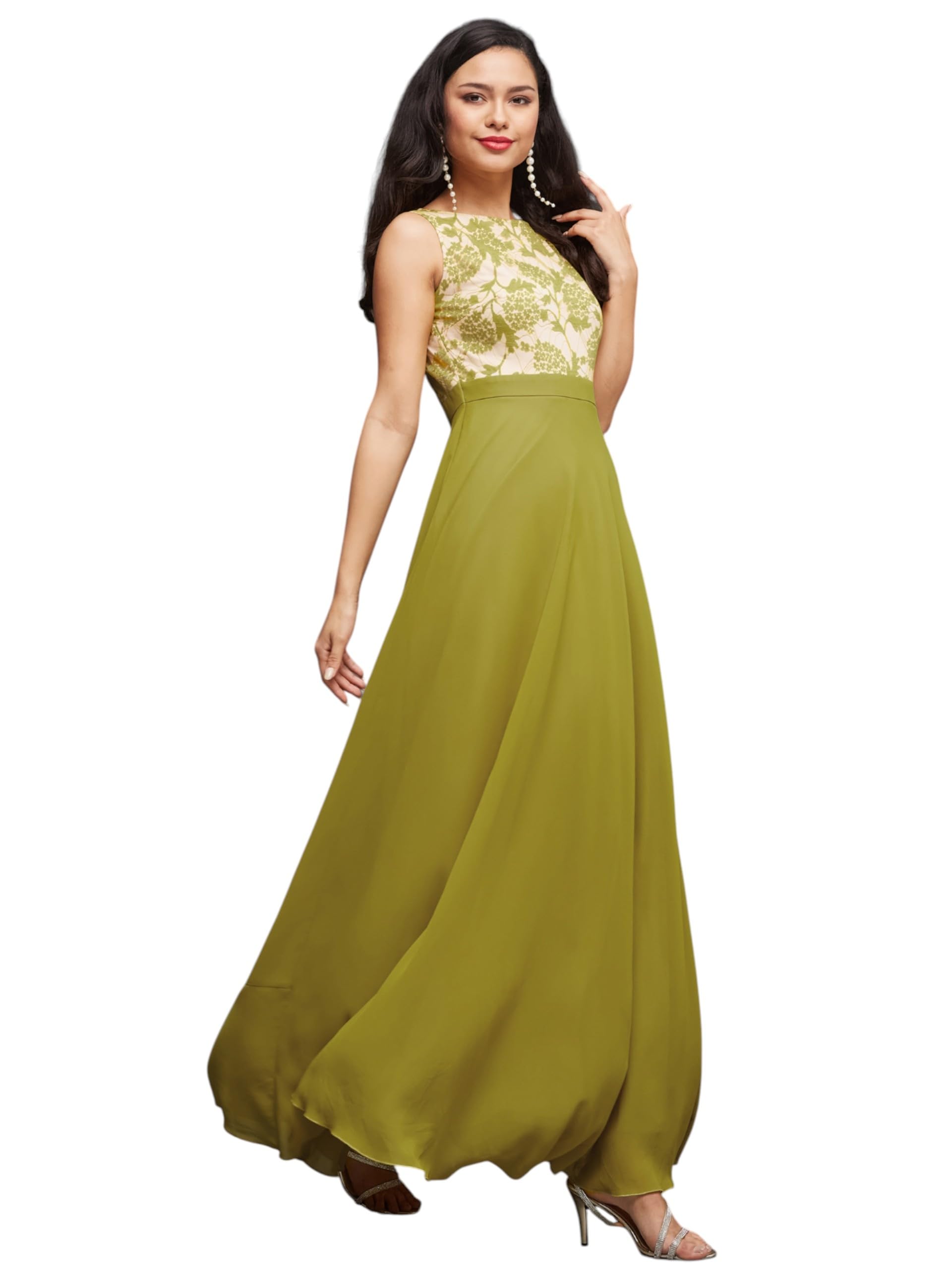 Miss Olive Women's Georgette Fit and Flare Maxi Dress 3XL Lemon Green