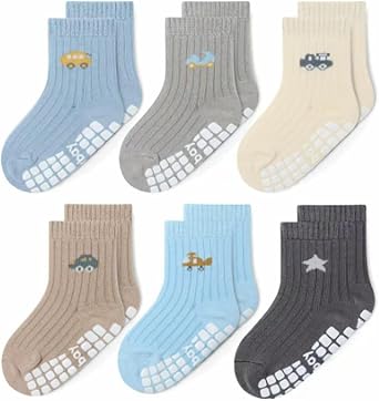 Non-Slip Toddler Grip Socks with Anti Skid Soles, Unisex Cotton Crew Ankle Socks for Baby Boys Girls Kids