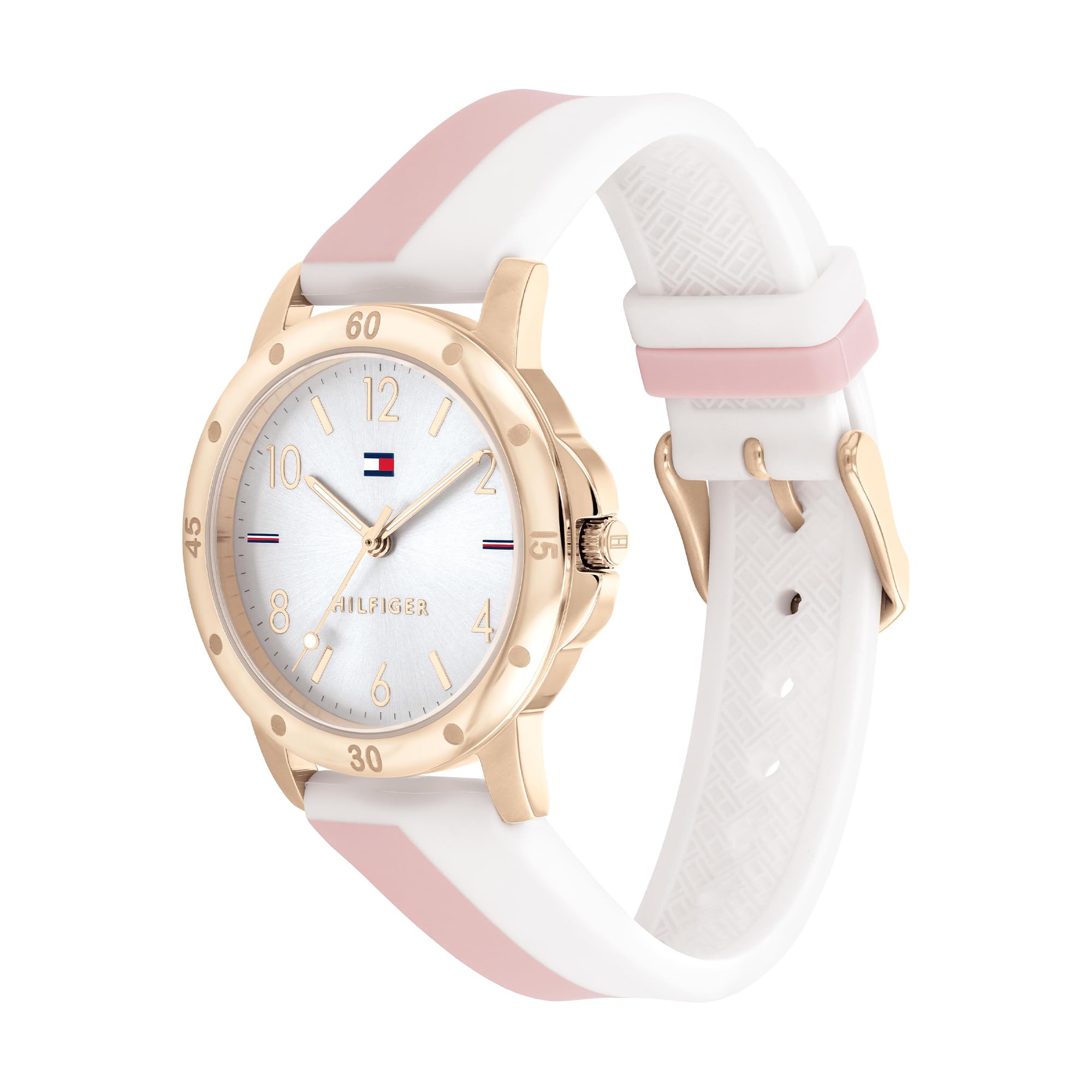 Tommy Hilfiger Reloj para Niña con Esfera Plateada, Correa de Silicona Blanca y Rosa, Caja de Oro Rosa de 32mm, Movimiento de Cuarzo de 3 Manecillas, Resistente al Agua 3 ATM - 1720015
