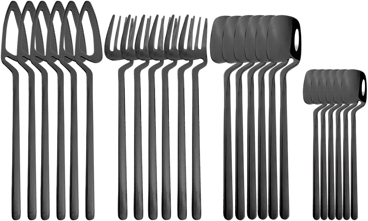 Gugrida 24pcs Dinnerware Set Stainless Steel Tableware Set Knife Fork Spoon Flatware Set Dishwasher Safe Silverware Cutlery Set Kitchen Accessorie Mirror Polish Champagne Gold-A