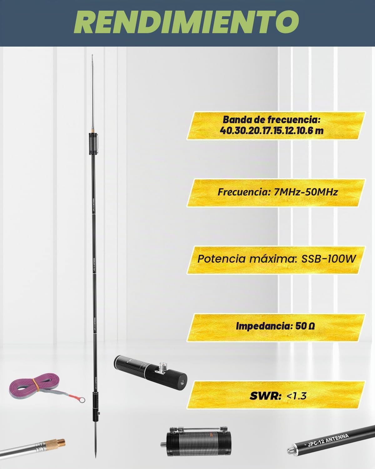AURSINC JPC-12 - Antenna Radio Frecuencia Alta para Aficionados (7-50 MHz, Antena Vertical 40-6 m, 8 Bandas, 4,1 m (M10))