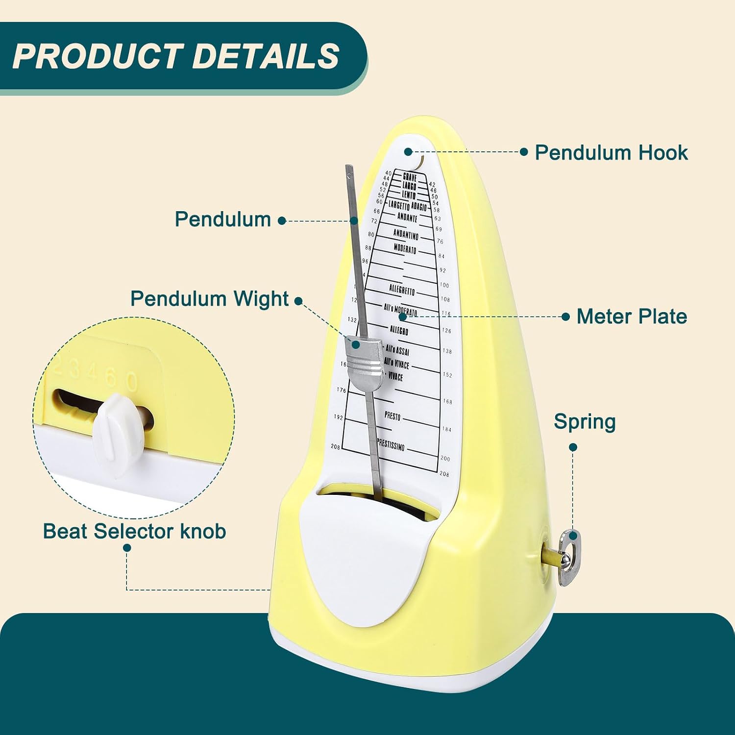 MECCANIXITY Mechanical Metronome,High Accuracy Professional Musical Timer Universal Music Metronome for Piano Guitar Violin Ukulele Player,Yellow