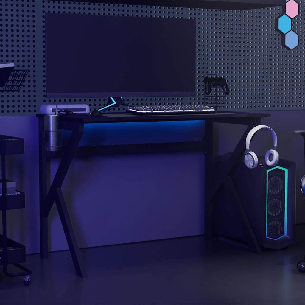 Scrivania da Gaming Nera Gambe a K Porta PC 110x60x75 cm | Tavolo porta computer per studio e cameretta con supporto per cuffie, portabicchiere e porta controller.