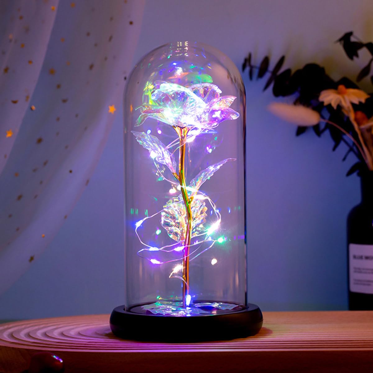 Preserved Artificial Rose Flower with LED Strip in transparant Dome for Women Chiristmas Mother's Day Valentine's Day Birthday Wedding Gifts, for Her Mum Wife Girlfriend Grandmother (Rose Colored)