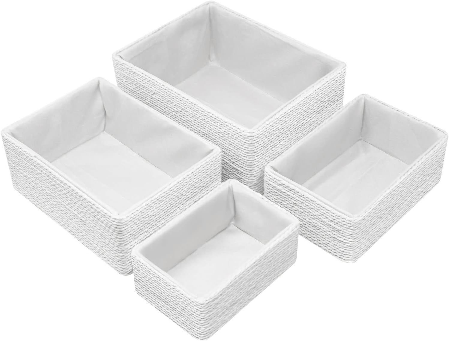 Sorbus Storage Baskets 4-Piece Set - Stackable Woven Basket Paper Rope Bin Boxes for Makeup, Office Supplies, Bedroom, Closet (White)