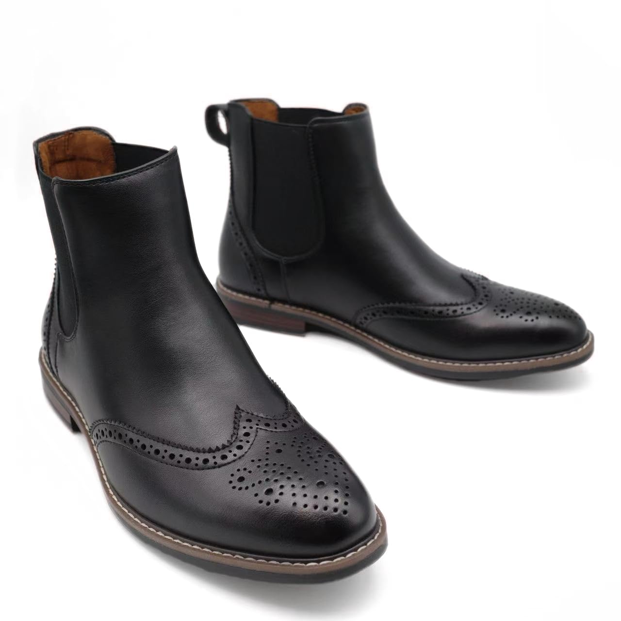 Finishing & Sewing Botines Chelsea para hombre, Brogue Wingtip, piel marrón, inserción elástica