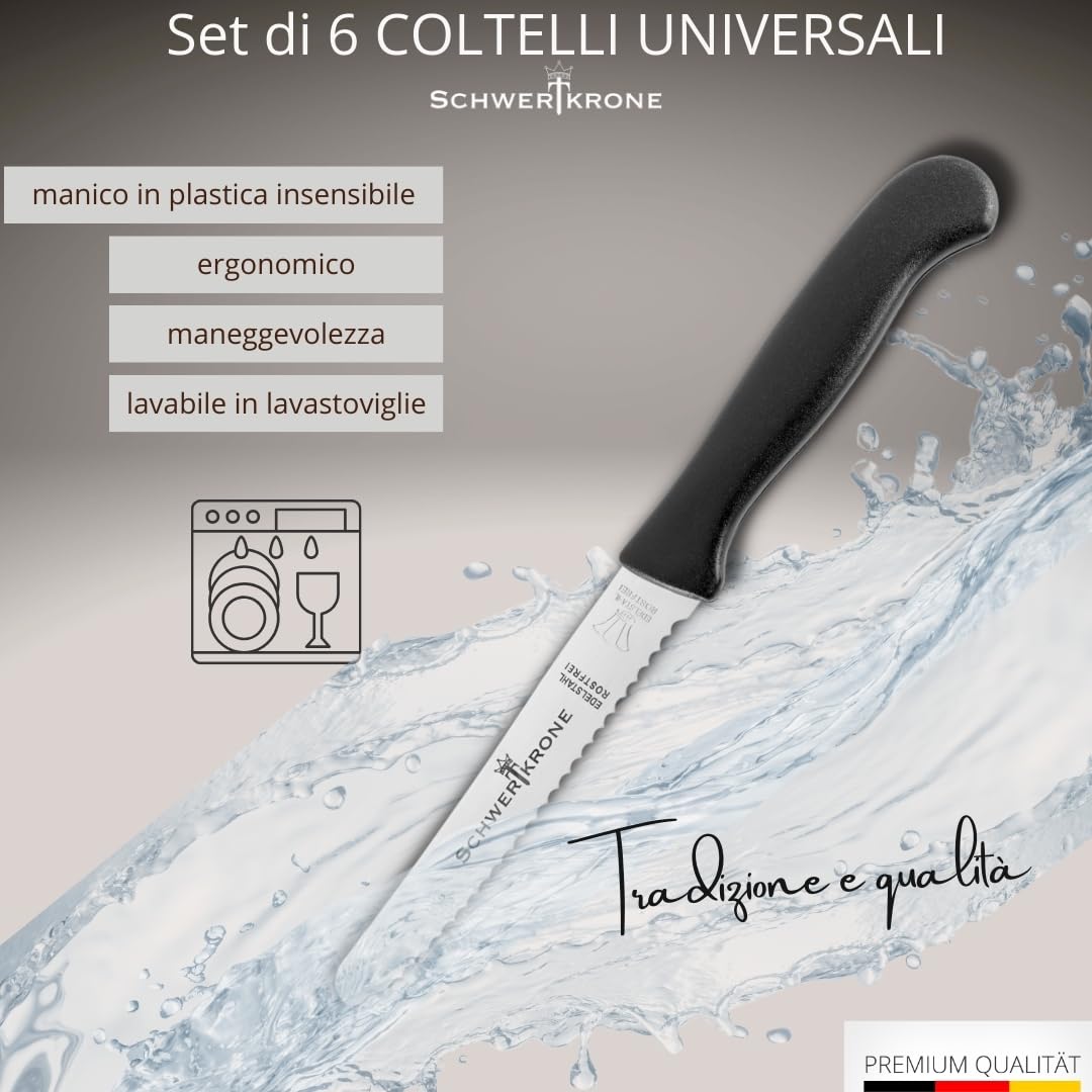 Schwertkrone Solingen Set di 6 Coltelli da Tavola - Acciaio Inox - per Pane, Panini, Verdure ecc. - Coltelli da Colazione - Prodotti in Germania