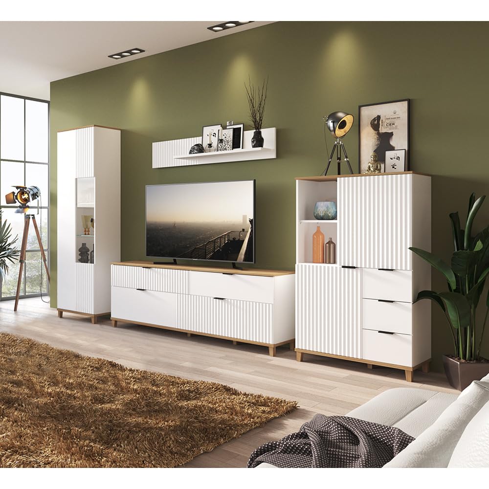 Lomadox Wohnzimmermöbel TV Wohnwand Anbauwand in weiß mit Eiche Nb., B/H/T: ca. 370/208,4/40 cm