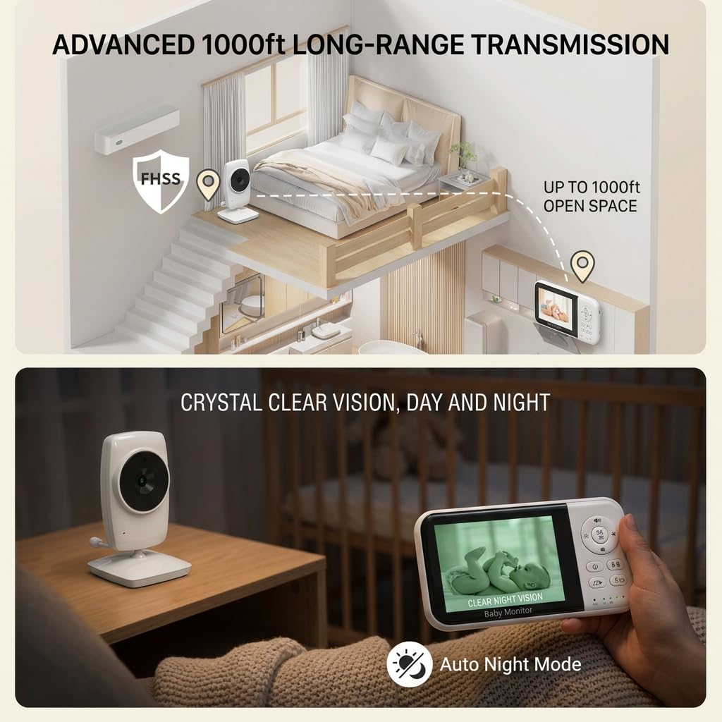 Baby Monitor con fotocamera e audio, display LCD da 3,2 pollici, visione notturna, sensore di temperatura, conversazione a 2 vie, ninne nanne, promemoria alimentazione, modalità ECO, connessione