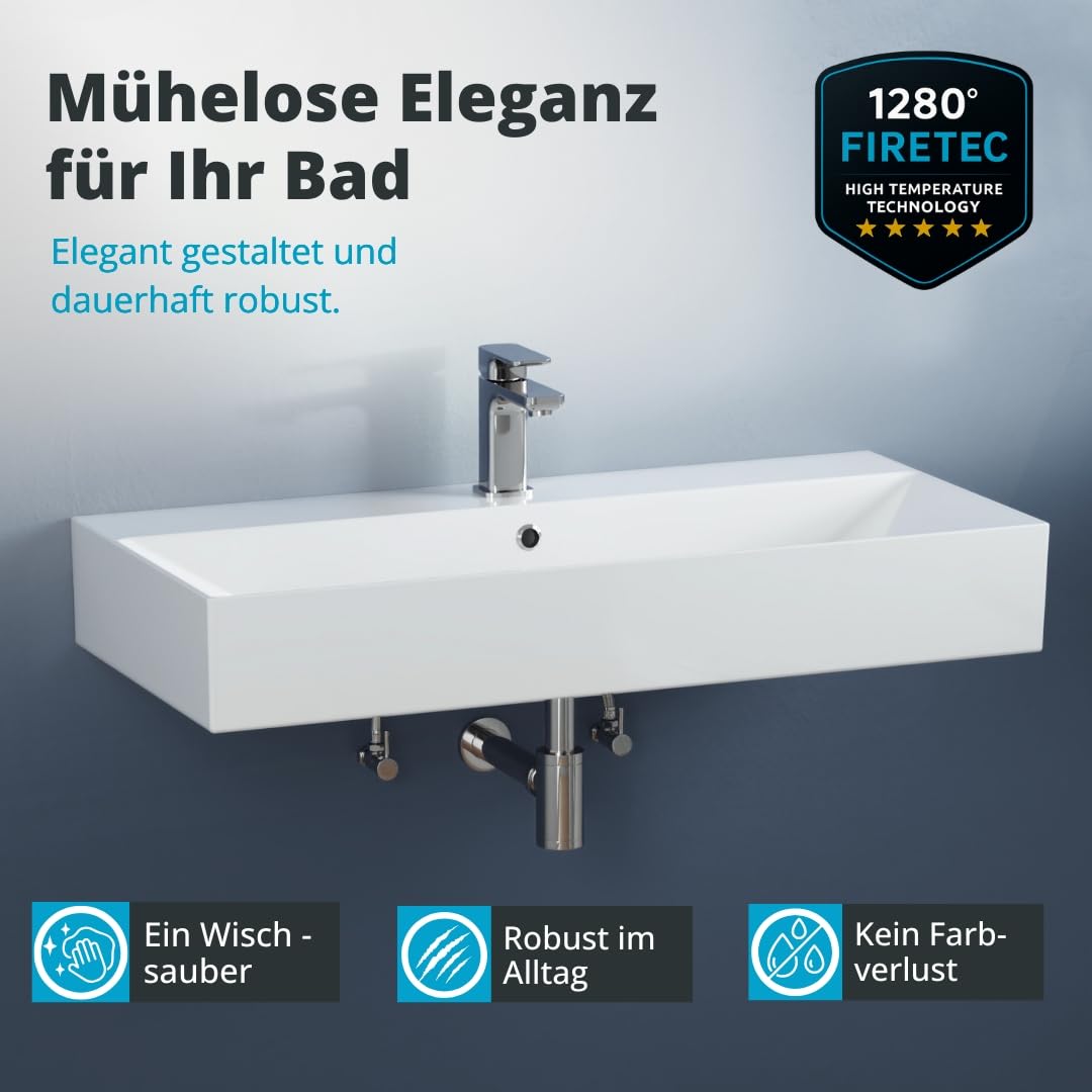 Aqua Bagno lavabo grande 90 cm rectangular cerámica blanco brillo, lavabo suspendido para baño moderno con orificio para grifo y rebosadero, diseño contemporáneo y fácil de limpiar | Lavabo colgante de borde fino con agujero para grifo y rebosadero, color