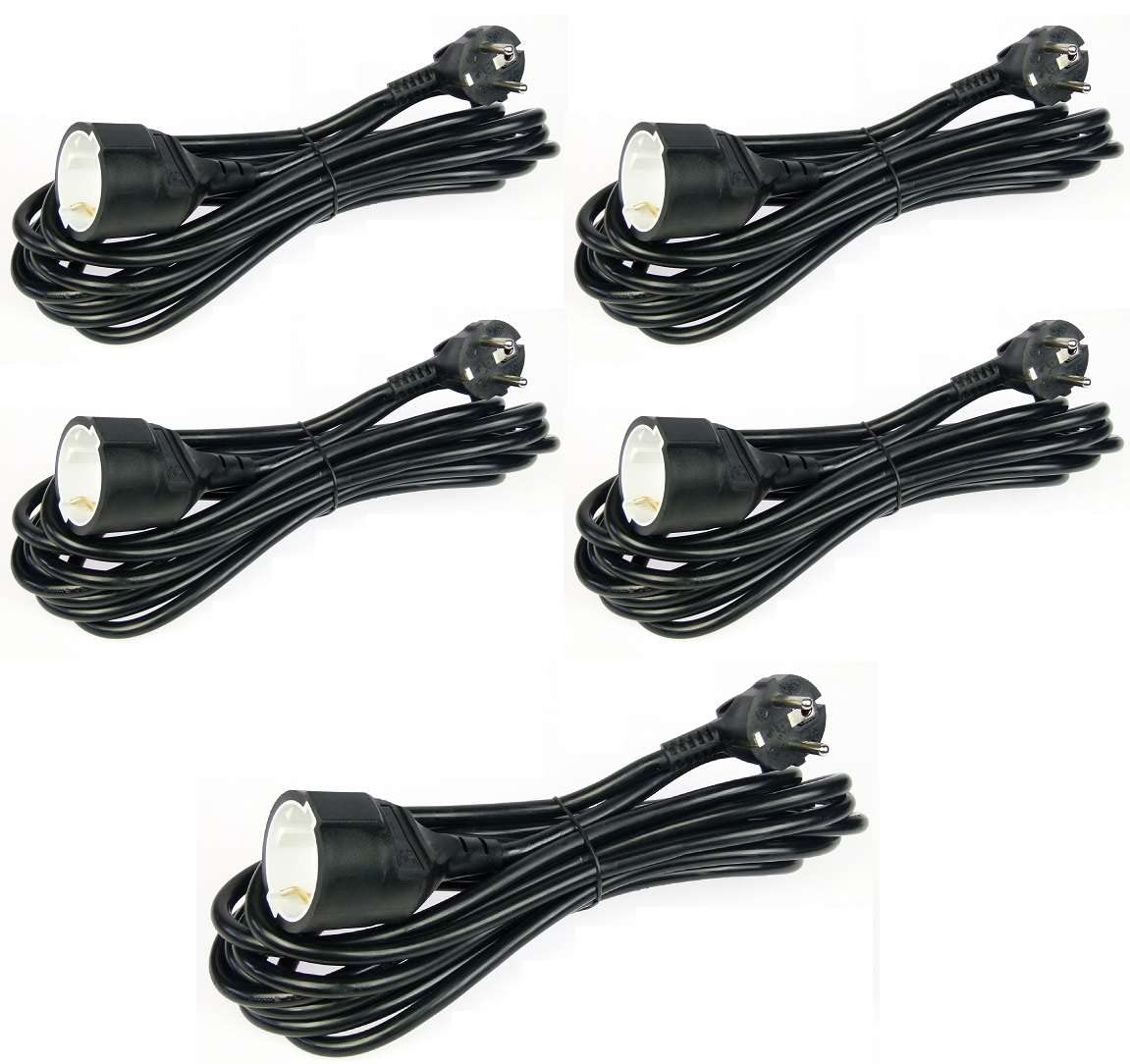 5 Stück Verlängerungskabel 5 m schwarz 3 x 1,5 qmm Schukokabel Stromkabel Kunststoff Schuko Verängerung mit Winkelstecker