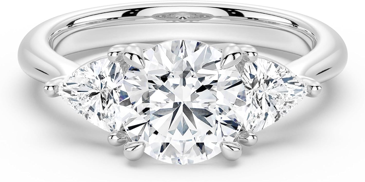 MSBLUE® 3ct Three Stone Moissanite Engagement Ring, D Color VVS1 Round Cut Center with Triangular Side Stones, S925 Sterling Silver, Rhodium Finish