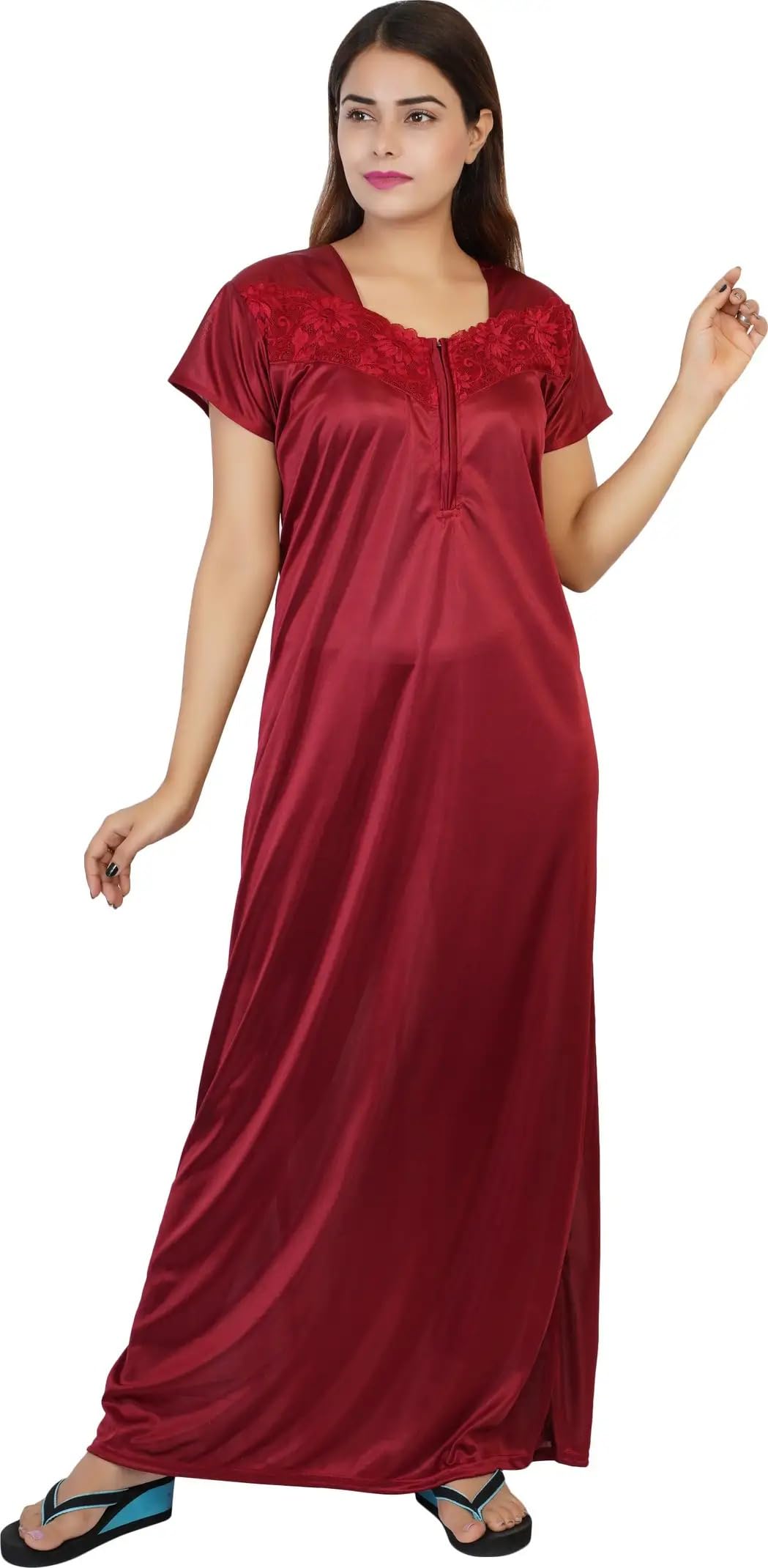 Women's Satin Blend Solid Maxi Nighty | Premium Regular Satin Nighty with Zip-image-39