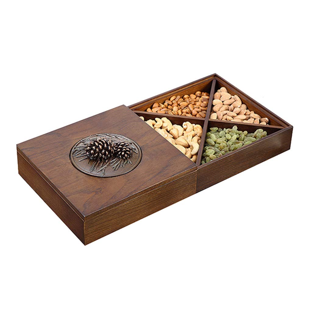 Trockenobst-Tablett, Serviertablett for Nüsse und Süßigkeiten, Nussschale im Wohnzimmer, Nuss-Servierplatte mit Holzfach, Serviertablett mit Deckel, Nussschalen for Chips, Süßigkeiten(20*20*8.4cm)