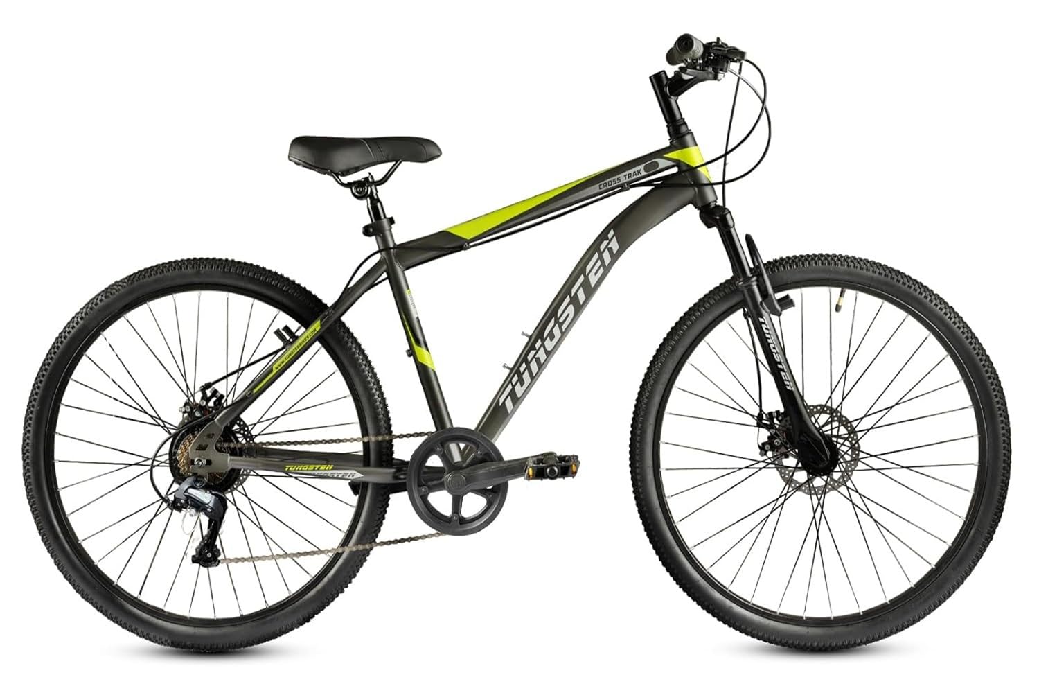TUNGSTEN - Cross Trak 7 Speed | 26" INCH Mountain Bike | HITENSILE Steel Frame | Dual DISC Brake | Front Suspension Fork | Unisex MTB (Grey/Green, 26" INCH)