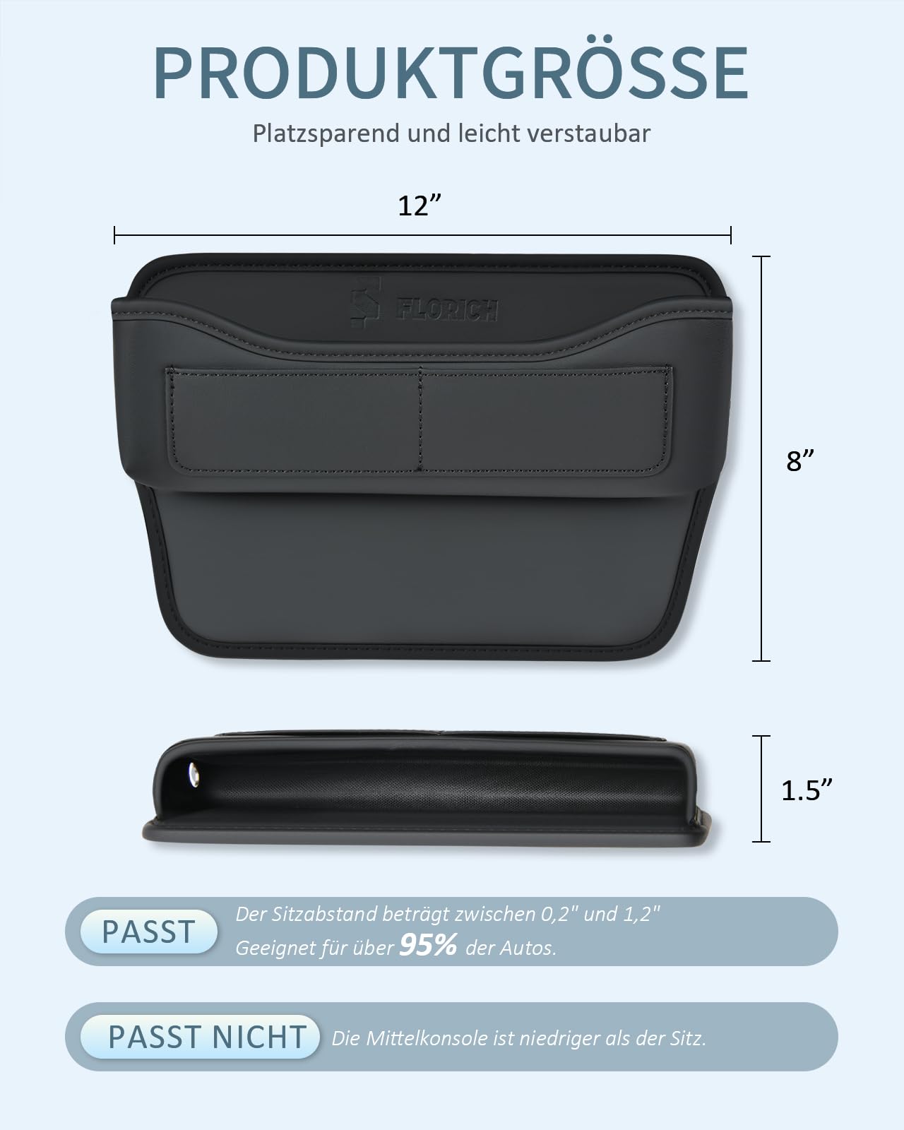 FLORICH Autositz Gap Organizer, Universal Autositz Lückenfüller Organizer, Premium PU Leder Autositzlückenfüller mit Kabelloch für Handys, Karten, Schlüssel für Auto SUV LKW (Standard, 1 Stück)