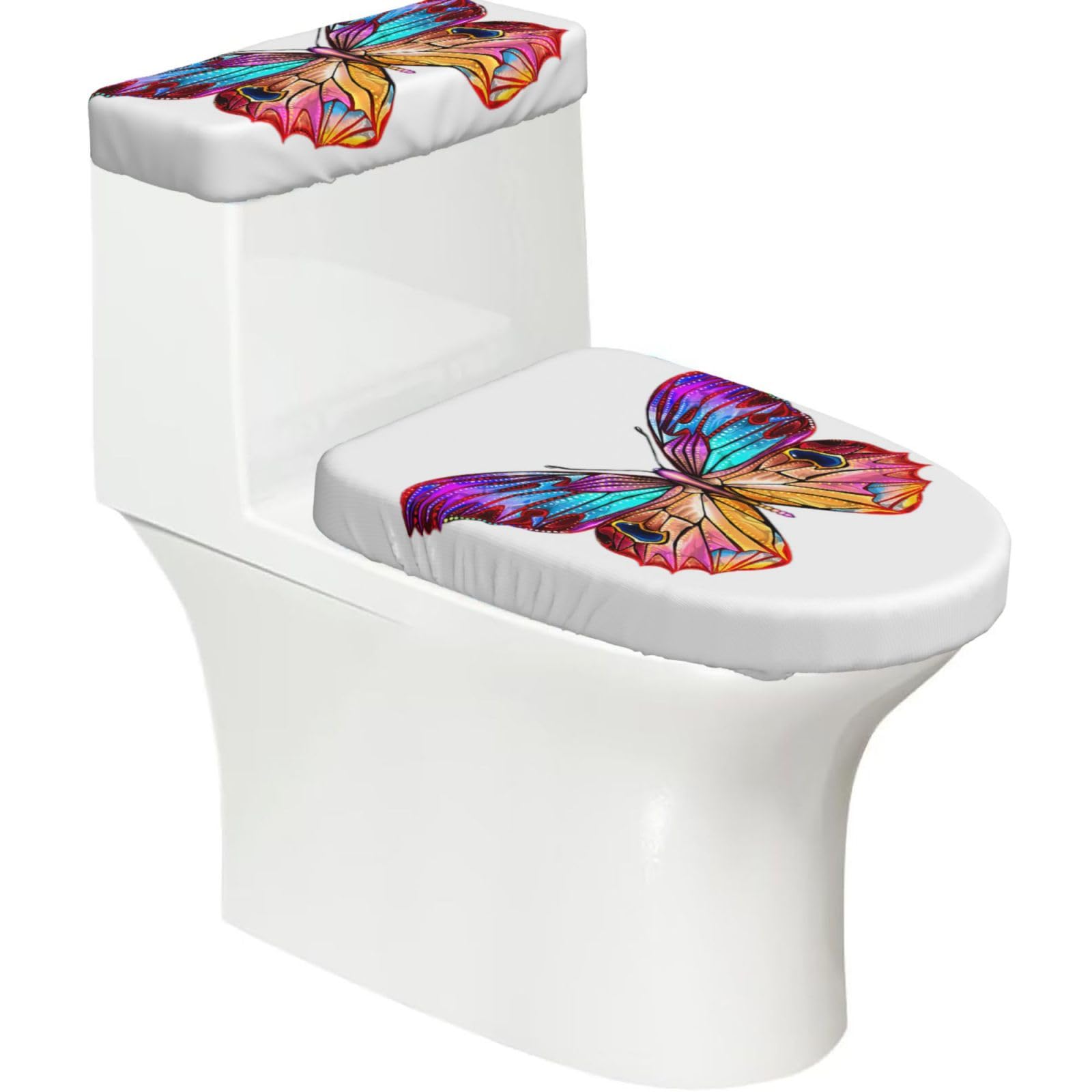 Colorful Butterfly Print 2-Piece Stretch Toilet Cover Set, Elastic Breathable Toilet Seat and Tank Lid Protector