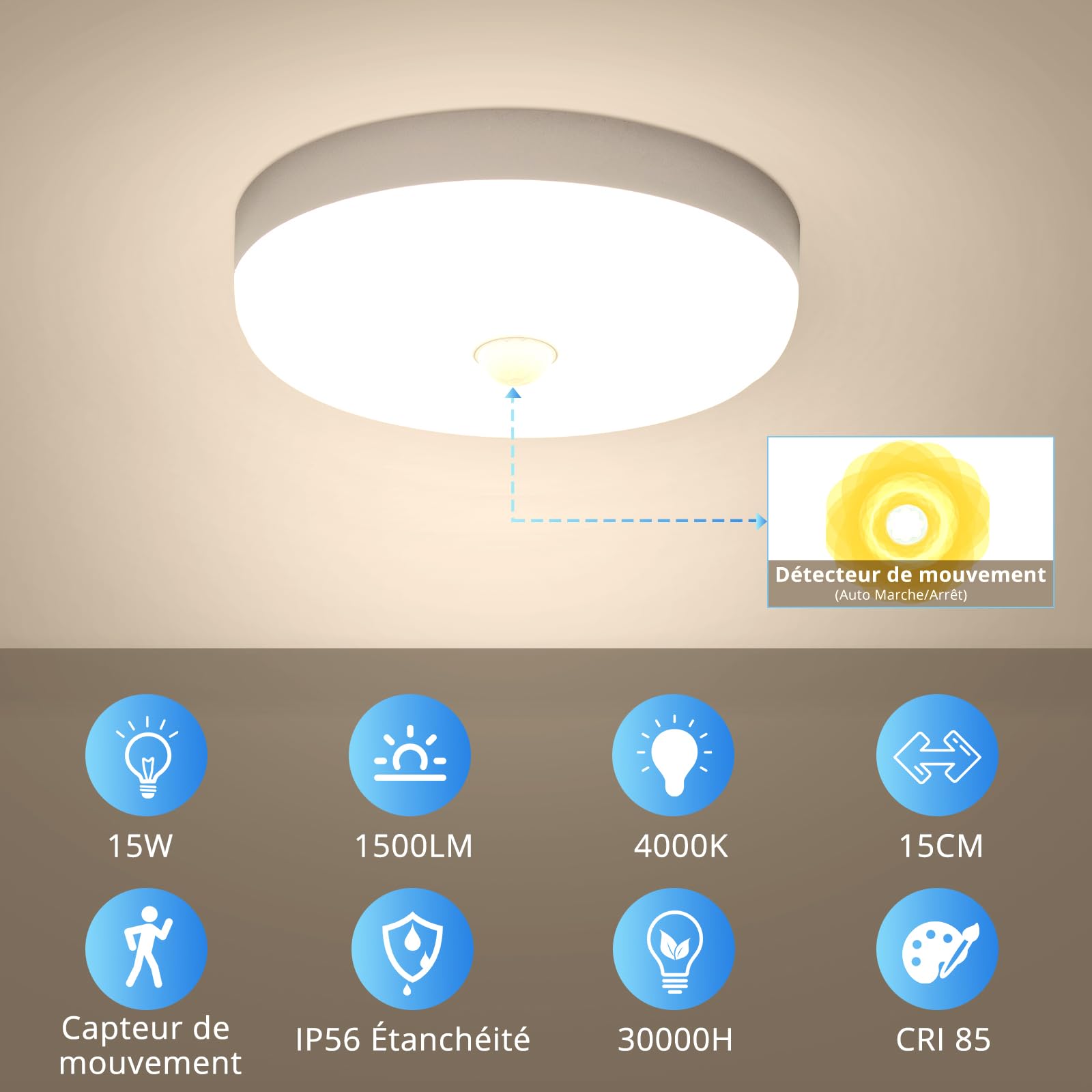 Plafonnier LED Detecteur de Mouvement 15W, Lampe Plafond avec Capteur Intérieur, IP56 Luminaire Plafonnier Automatique, pour Hublot, Couloir et Cave, 220V Motion Sensor Rond Ceiling Lights Indoor