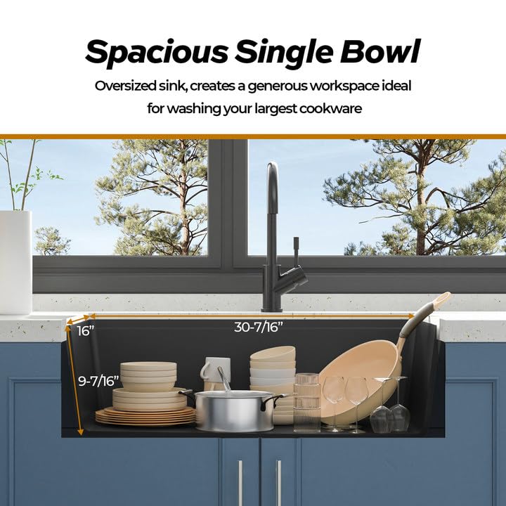 Kichae 28 Inch Granite Composite Undermount Kitchen Sink – Matte Black, Single Bowl, With Accessories