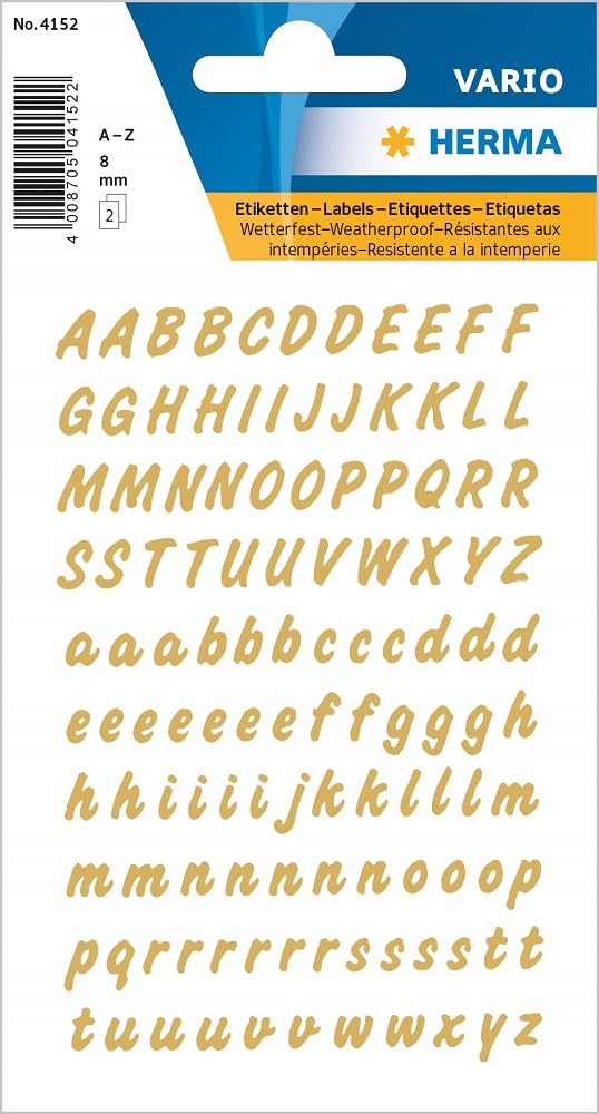 HERMA Letter Stickers Gold, Pack of 238, Font Size 8 mm, Self-Adhesive, Waterproof, Weatherproof, Small, Alphabet Stickers, Adhesive Letters A-Z, Made of Foil for Sticking, Transparent