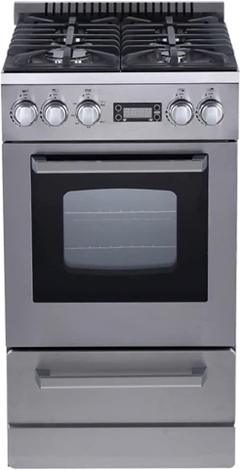 Avanti Gas Range Oven ELITE Series Compact Freestanding Design, 2.1-Cu.Ft. Capacity 4 Sealed Burners with Electronic Ignition, Includes Broiler Storage Drawer and Accessories, 20-Inch, Stainless Steel