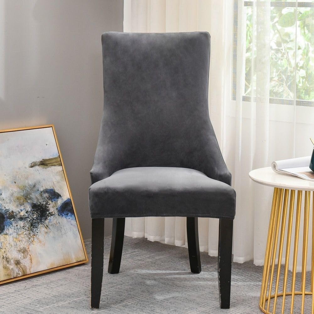 Housse élastique velours fauteuil à oreilles revêtement luxe gris foncé