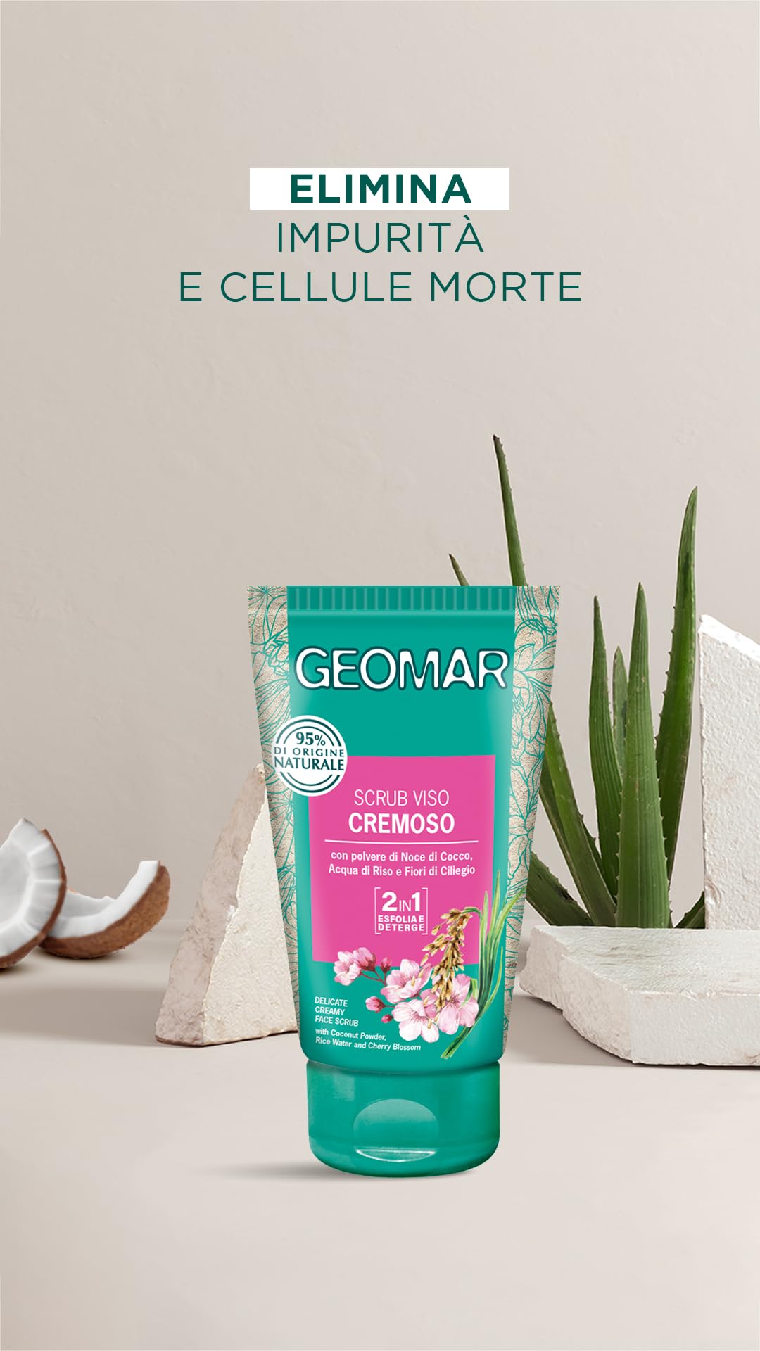 GEOMAR | Scrub Viso Detergente Cremoso, Con polvere di Noce di Cocco, Acqua di Riso e Fiori di Ciliegio, 95% di Origine Naturale, Made in Italy, 1 x 150 ml