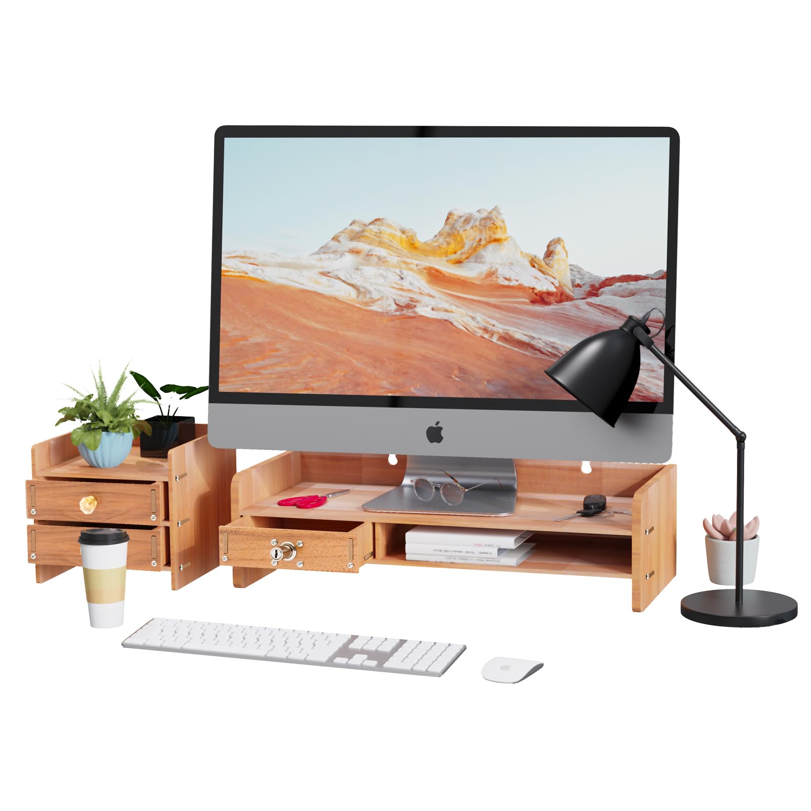 Organizer da scrivania in legno, 65,5 x 20 x 13,5 cm, supporto da scrivania con cassetto, con serratura e 2 tasti, per scrivania