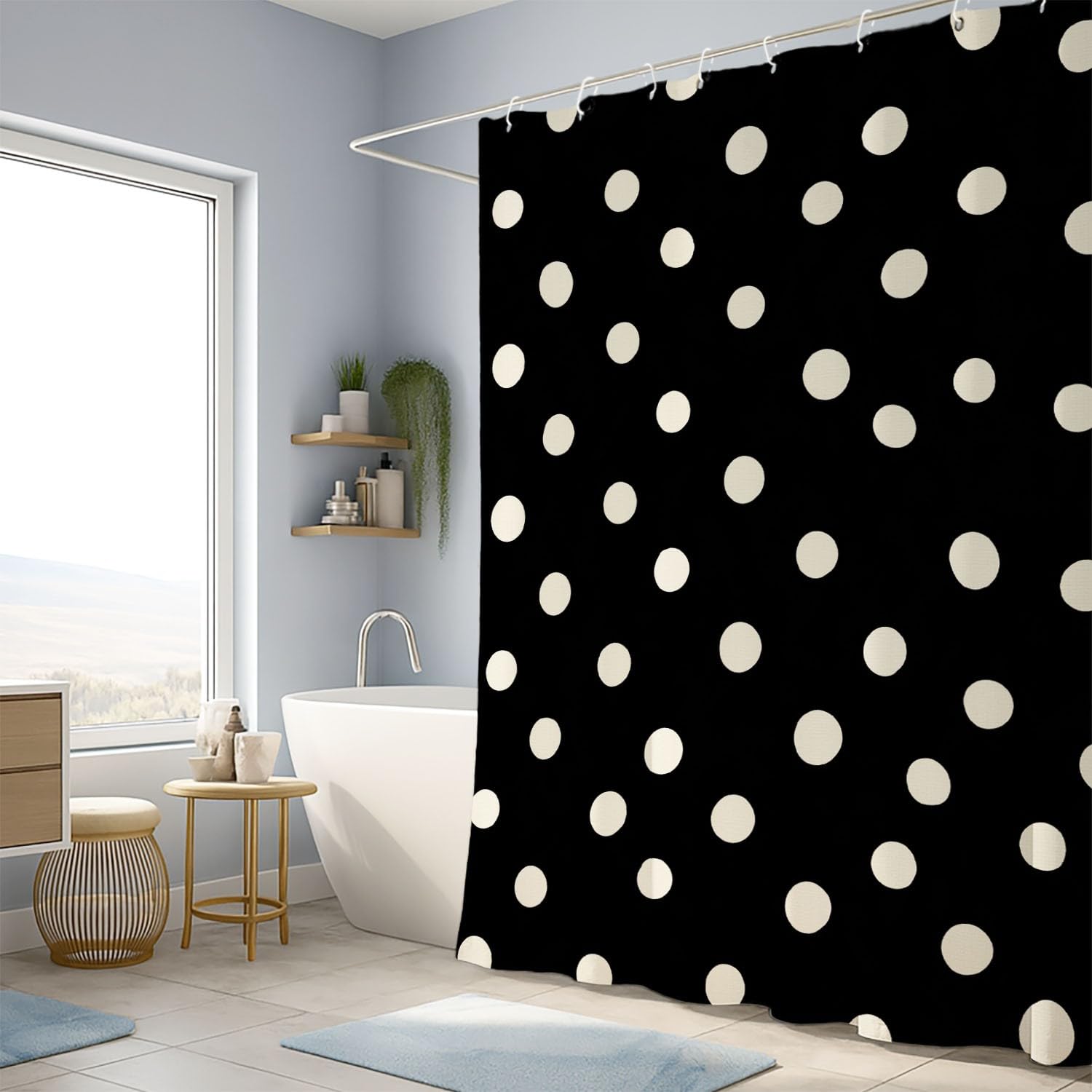 Cortina de ducha genérica antimoho, cortina de ducha clásica, lunares 180 x 180 cm, tela lavable simple, elegante, lunares y cortinas, baño con ganchos, negro y blanco